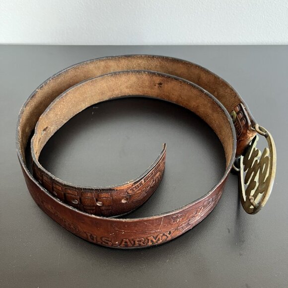 vintage 70s belt brown tooled leather U.S. ARMY cold steel brass CHRIS buckle XL - Picture 10 of 15